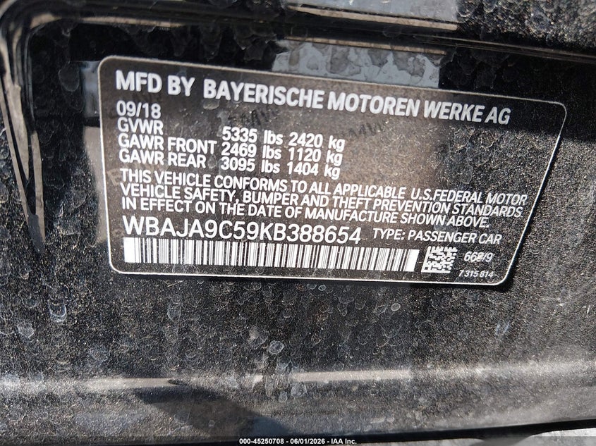 2019 BMW 5er VIN WBAJA9C59KB388654 IAAI salvage auction — RIGHT SIDE, Salvage Title, sold $6,200 on 2026-07-29 (photo 9)