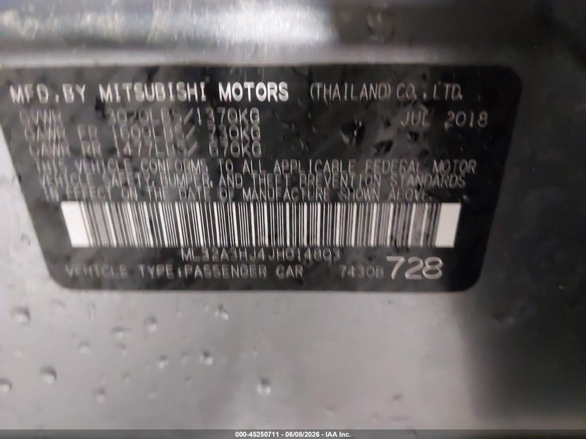 2018 Mitsubishi Mirage VIN ML32A3HJ4JH014803 IAAI salvage auction — FRONT END, Salvage Title, sold $725 on 2026-07-21 (photo 9)