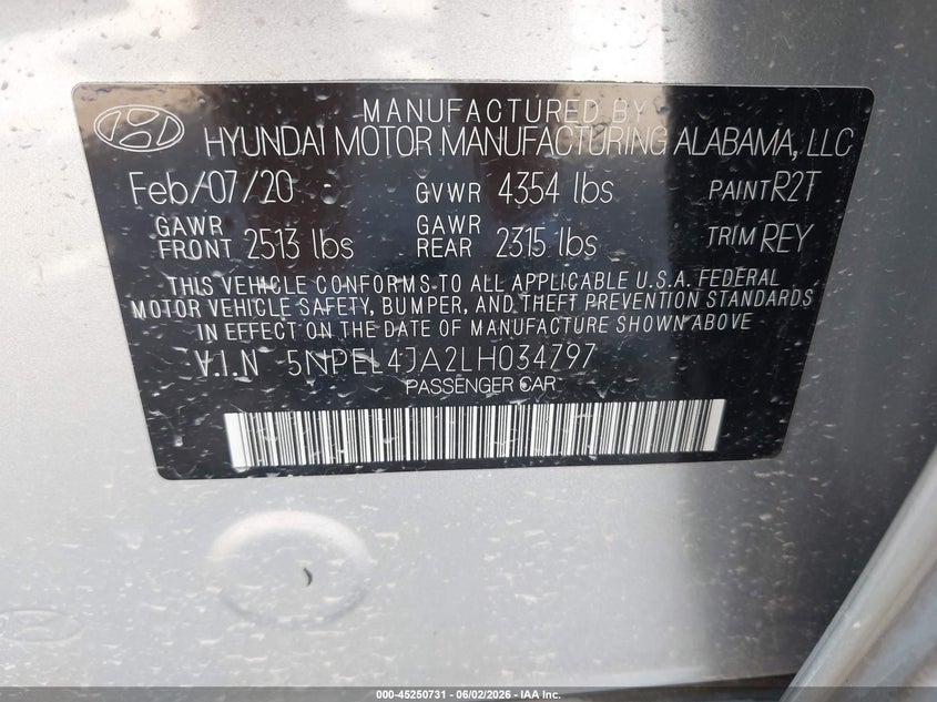 2020 Hyundai Sonata VIN 5NPEL4JA2LH034797 IAAI salvage auction — FRONT END, Salvage (Alabama), sold $400 on 2026-07-29 (photo 9)