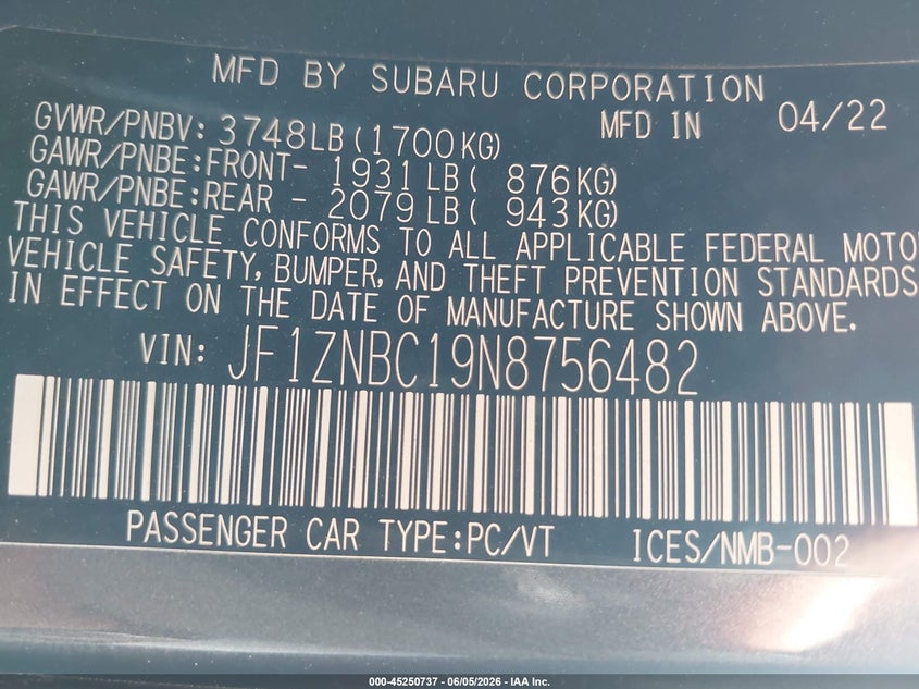 2022 Toyota Gr 86 VIN JF1ZNBC19N8756482 IAAI salvage auction — RIGHT SIDE, Salvage (California), sold $5,575 on 2026-07-29 (photo 9)