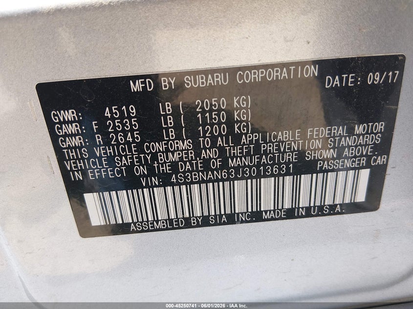 2018 Subaru LEGACY VIN 4S3BNAN63J3013631 IAAI salvage auction — HAIL, Clear (Oklahoma), sold $7,300 on 2026-08-04 (photo 9)