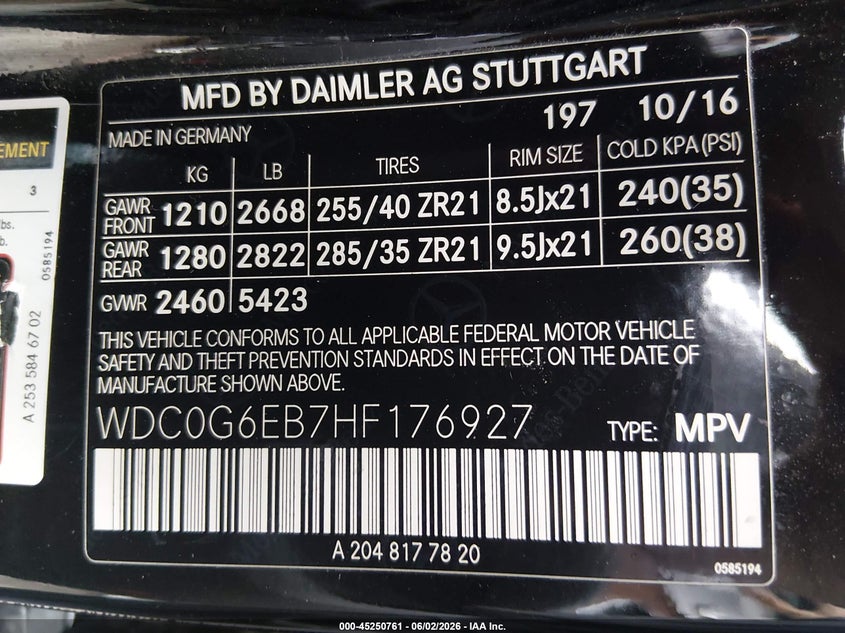 2017 Mercedes-benz VIN WDC0G6EB7HF176927 IAAI salvage auction — FRONT END, Salvage Title, sold $5,550 on 2026-08-11 (photo 9)