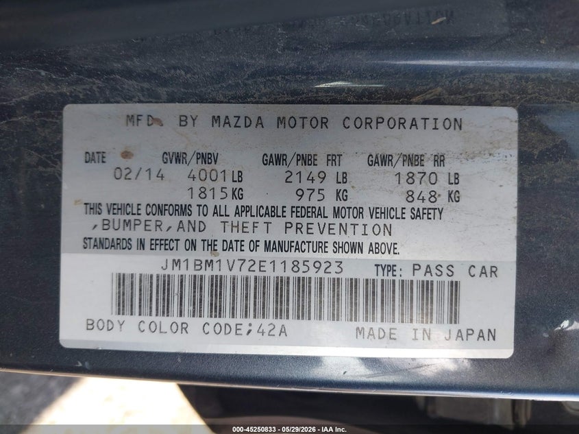 2014 Mazda 3 VIN JM1BM1V72E1185923 IAAI salvage auction — RIGHT SIDE, Salvage Title, sold $1,050 on 2026-07-14 (photo 9)