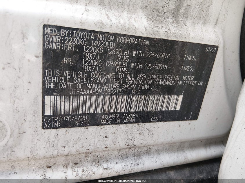 2021 Toyota Venza VIN JTEAAAAH0MJ032213 IAAI salvage auction — FRONT END, Salvage (West Virginia), sold $9,500 on 2026-07-23 (photo 9)