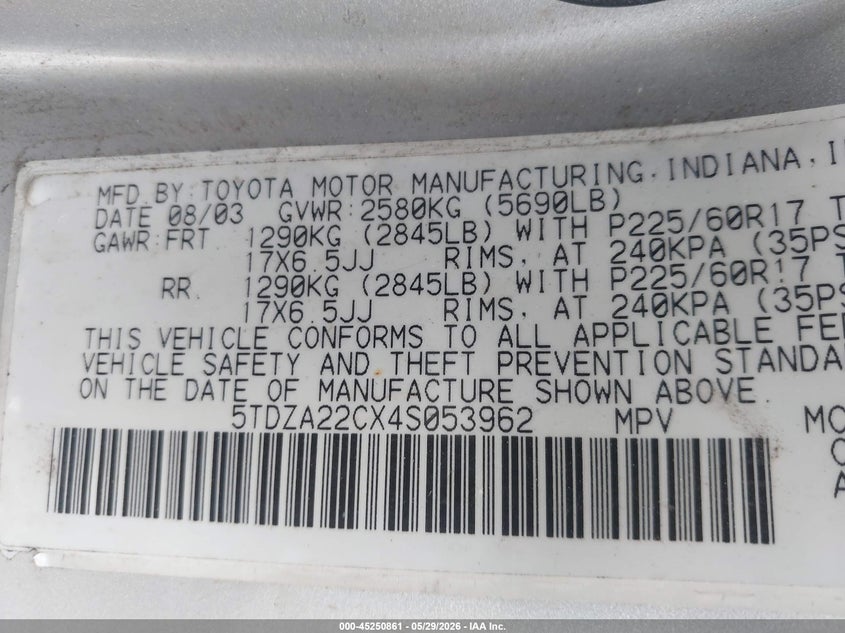 2004 Toyota Sienna VIN 5TDZA22CX4S053962 IAAI salvage auction — NORMAL WEAR, Clear - Dealer Only (California), sold $825 on 2026-07-13 (photo 9)