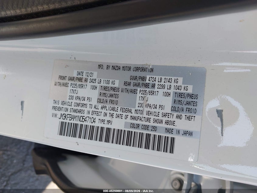 2022 Mazda Cx-5 VIN JM3KFBAM1N0547104 IAAI salvage auction — SIDE, Wait Title, sold $6,000 on 2026-07-31 (photo 9)