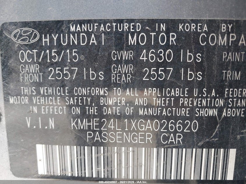2016 Hyundai VIN KMHE24L1XGA026620 IAAI salvage auction — LEFT FRONT, Salvage Title, sold $1,575 on 2026-07-23 (photo 9)