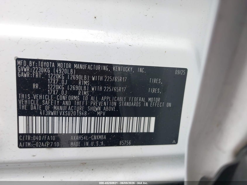 2025 Toyota Rav 4 VIN 4T3RWRFVXSU201948 IAAI salvage auction — FRONT END, Salvage Title, sold $14,000 on 2026-07-29 (photo 9)