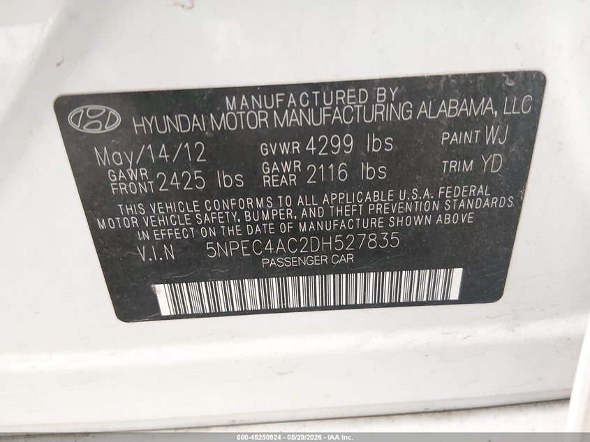 2013 Hyundai Sonata VIN 5NPEC4AC2DH527835 IAAI salvage auction — RIGHT REAR, Salvage Title, sold $525 on 2026-07-16 (photo 9)