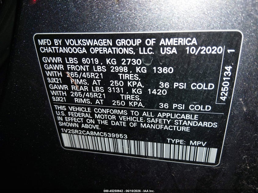 2021 Volkswagen Atlas VIN 1V2SR2CA8MC539953 IAAI salvage auction — FRONT END, Salvage (Idaho), sold $5,250 on 2026-07-31 (photo 9)