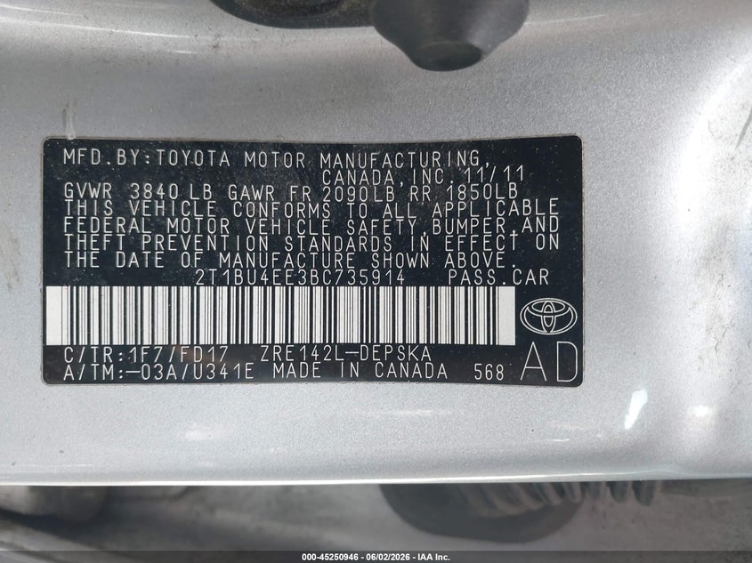2011 Toyota Corolla VIN 2T1BU4EE3BC735914 IAAI salvage auction — REAR END, Mv-907A (New York), sold $1,150 on 2026-08-14 (photo 9)