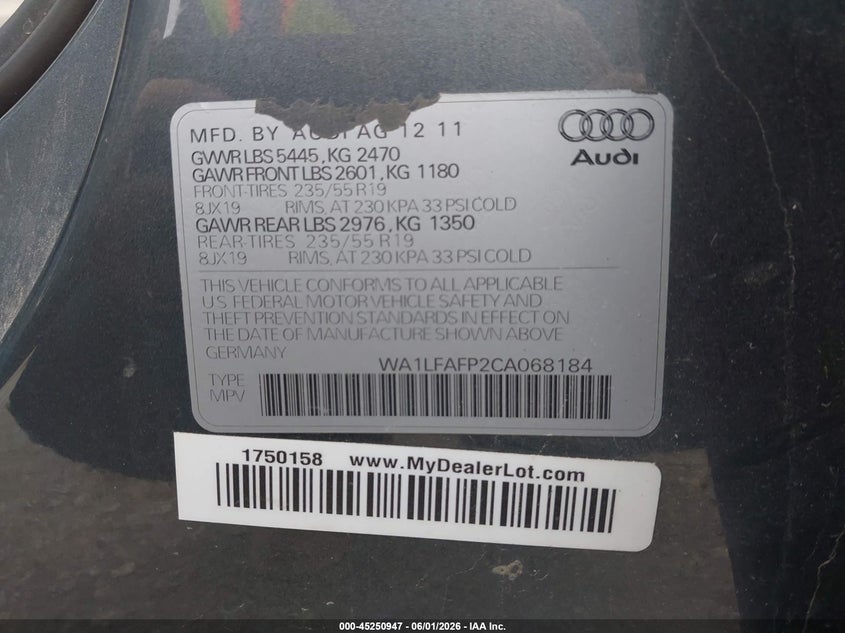 2012 Audi Q5 VIN WA1LFAFP2CA068184 IAAI salvage auction — FRONT END, Salvage Title, sold $175 on 2026-07-08 (photo 9)
