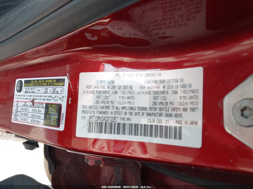 2010 Mazda Cx-9 VIN JM3TB3MV0A0212257 IAAI salvage auction — FRONT END, Clear (Michigan), sold $575 on 2026-07-20 (photo 9)