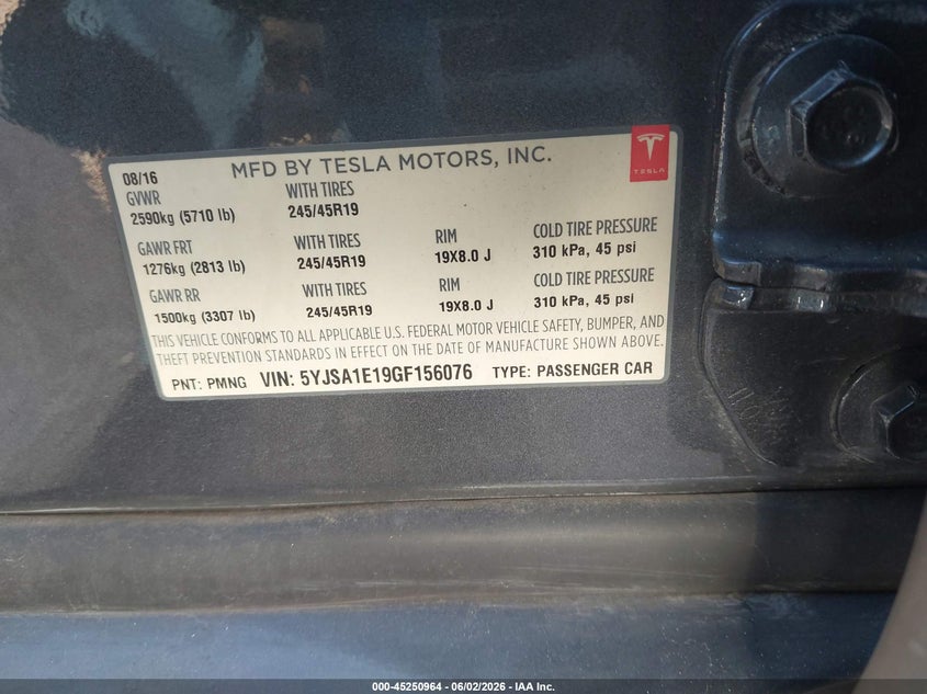 2016 Tesla Model s VIN 5YJSA1E19GF156076 IAAI salvage auction — FRONT & REAR, Original (Texas), sold $2,850 on 2026-07-16 (photo 9)