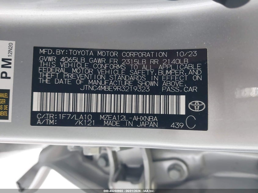 2024 Toyota Corolla VIN JTNC4MBE9R3219323 IAAI salvage auction — LEFT SIDE, Salvage Title, sold $6,900 on 2026-07-08 (photo 9)