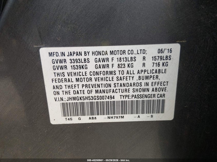 2016 Honda Fit VIN JHMGK5H53GS007494 IAAI salvage auction — RIGHT FRONT, Salvage Title, sold $3,300 on 2026-07-14 (photo 9)