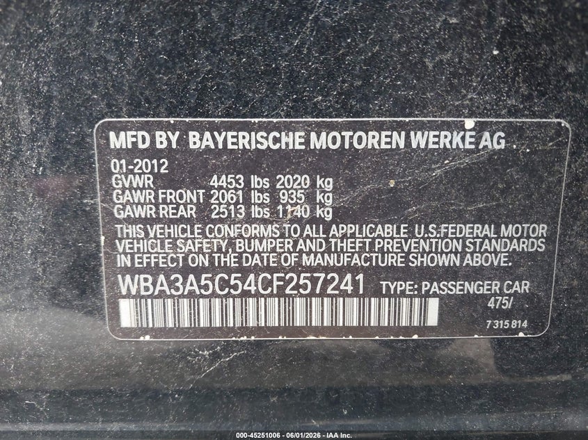 2012 BMW 3er VIN WBA3A5C54CF257241 IAAI salvage auction — FRONT END, Salvage (Georgia), sold $825 on 2026-07-08 (photo 9)
