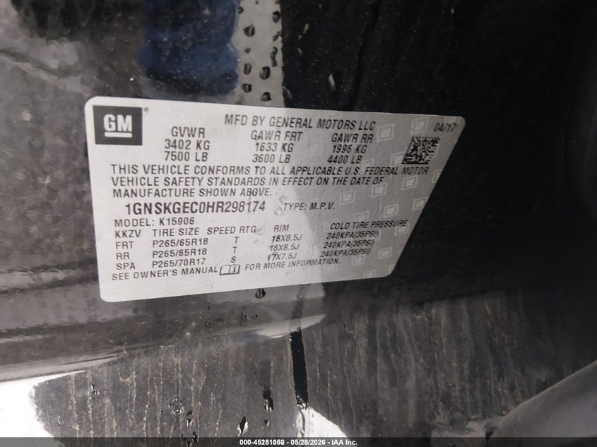 2017 Chevrolet Suburban VIN 1GNSKGEC0HR298174 IAAI salvage auction — NORMAL WEAR, Sf97 (Maryland), sold $18,100 on 2026-07-21 (photo 9)