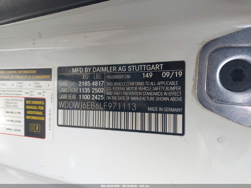 2020 Mercedes-benz VIN WDDWJ6EB6LF971113 IAAI salvage auction — WATER/FLOOD, Salvage Title, sold $6,100 on 2026-07-28 (photo 9)