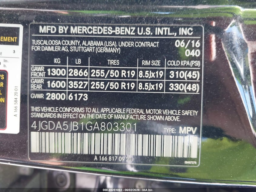 2016 Mercedes-benz Gle VIN 4JGDA5JB1GA803301 IAAI salvage auction — FRONT END, Salvage Title, sold $5,000 on 2026-07-11 (photo 9)