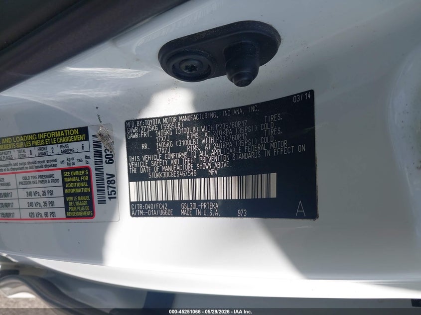 2014 Toyota Sienna VIN 5TDKK3DC8ES467549 IAAI salvage auction — FRONT END, Salvage Title, sold $1,600 on 2026-07-31 (photo 9)