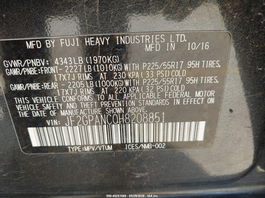 2017 Subaru Xv VIN JF2GPANC0H8208851 IAAI salvage auction — FRONT END, Salvage Title, sold $1,050 on 2026-07-27 (photo 9)