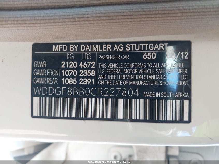 2012 Mercedes-benz C-klasse VIN WDDGF8BB0CR227804 IAAI salvage auction — FRONT END, Salvage Title, sold $900 on 2026-07-15 (photo 9)