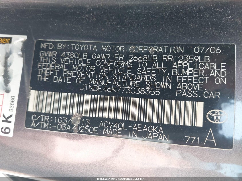 2007 Toyota Camry VIN JTNBE46K773038355 IAAI salvage auction — FRONT END, Clear (Indiana), sold $425 on 2026-07-16 (photo 9)