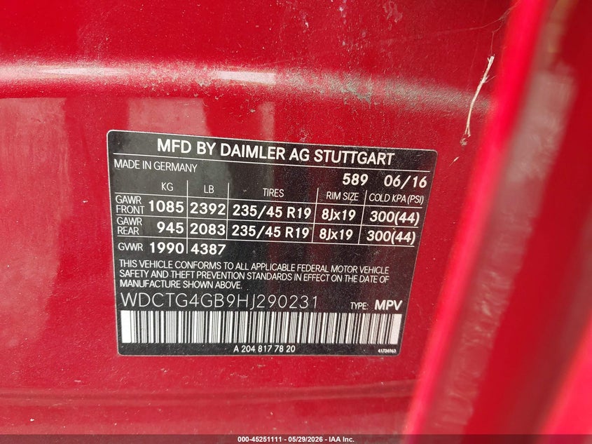 2017 Mercedes-benz Gla-class VIN WDCTG4GB9HJ290231 IAAI salvage auction — NORMAL WEAR, Clear (Florida), sold $3,150 on 2026-07-14 (photo 9)