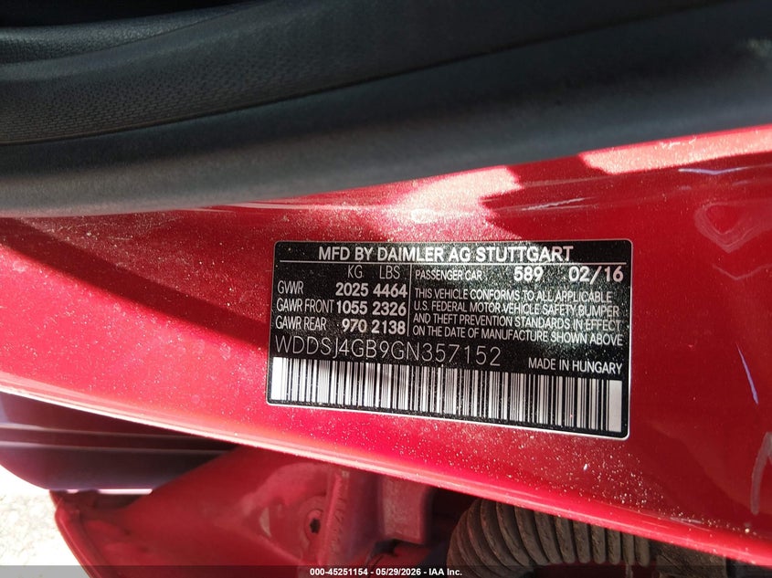 2016 Mercedes-benz Cla-klasse VIN WDDSJ4GB9GN357152 IAAI salvage auction — MECHANICAL, Salvage (New Mexico), sold $2,350 on 2026-07-29 (photo 9)