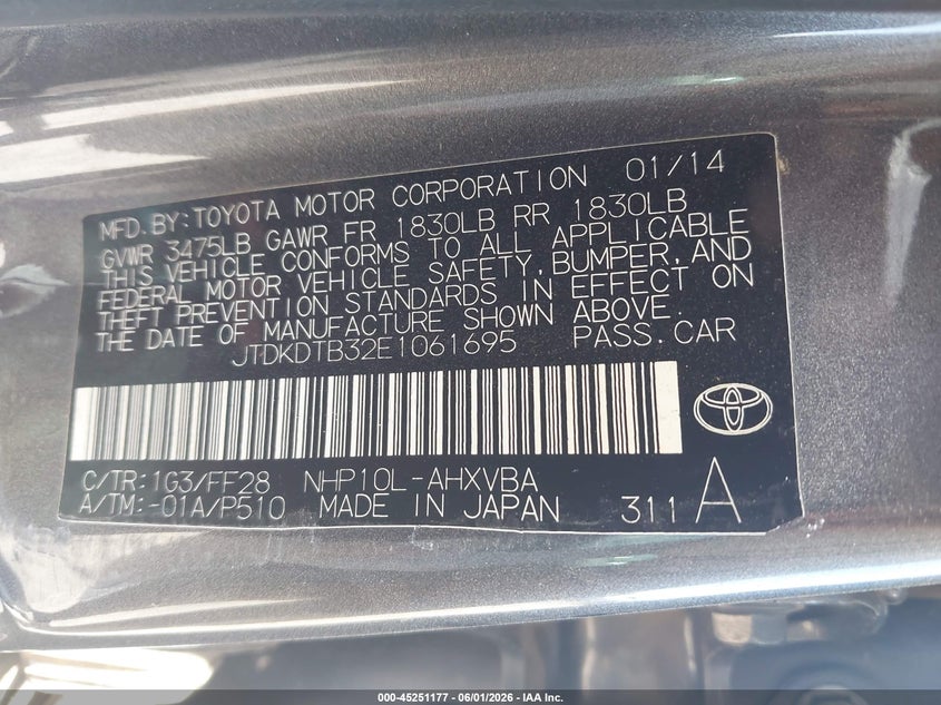 2014 Toyota Prius c VIN JTDKDTB32E1061695 IAAI salvage auction — LEFT FRONT, Salvage Title, sold $150 on 2026-07-22 (photo 9)