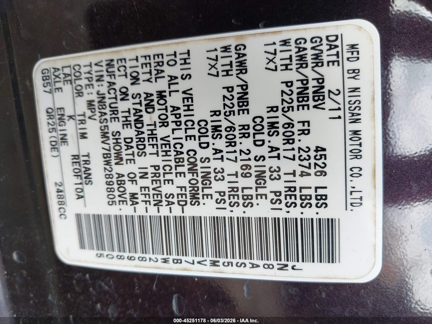 2011 Nissan Rogue VIN JN8AS5MV7BW289805 IAAI salvage auction — LEFT SIDE, Salvage (Texas), sold $175 on 2026-07-16 (photo 9)