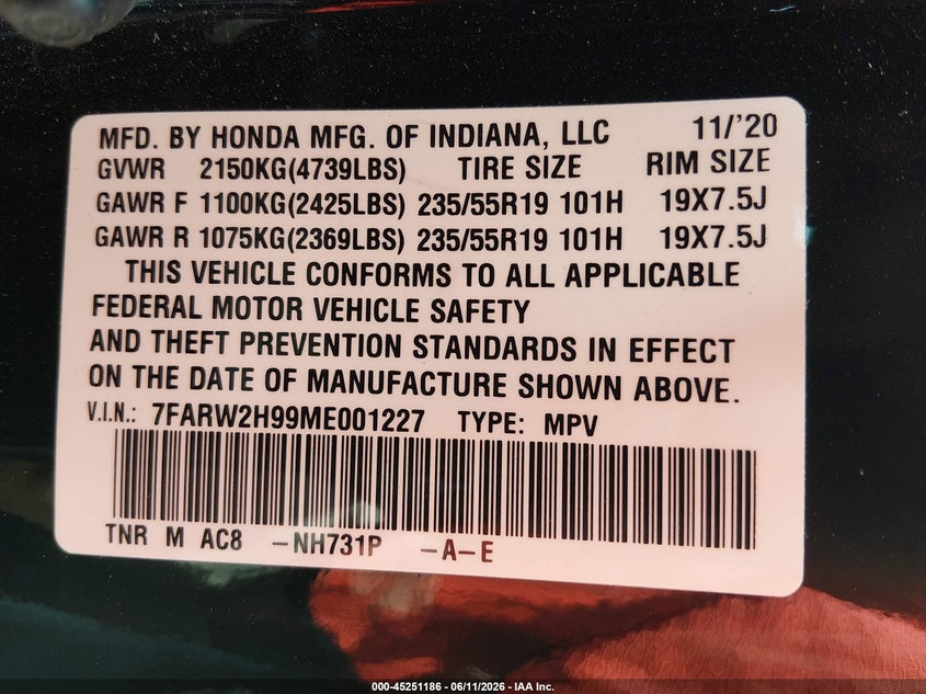 2021 Honda Cr-v VIN 7FARW2H99ME001227 IAAI salvage auction — FRONT END, Salvage (Missouri), sold $9,100 on 2026-07-28 (photo 9)