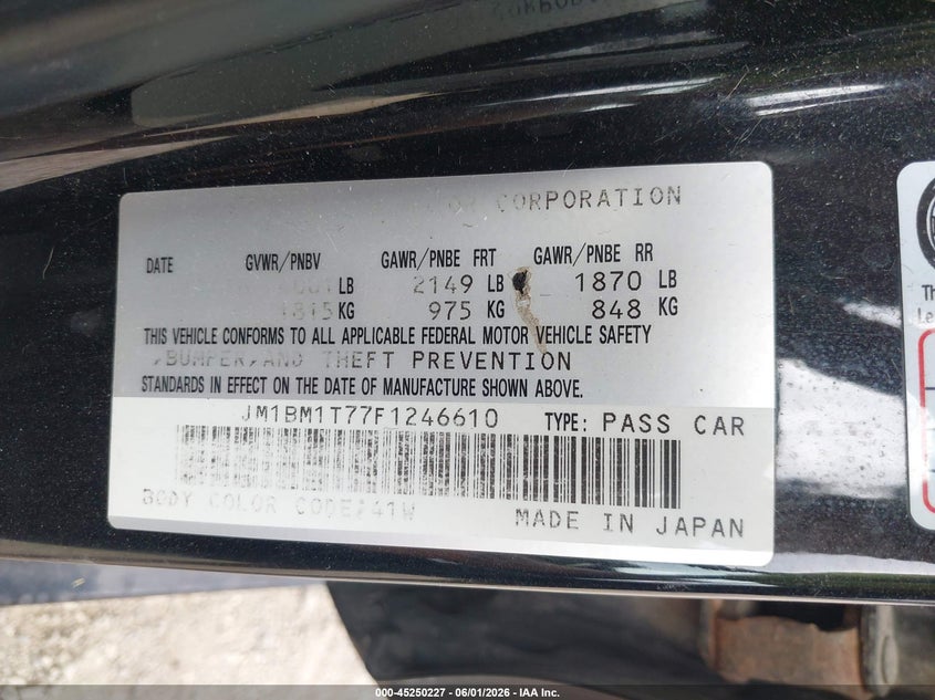 2015 Mazda VIN JM1BM1T77F1246610 IAAI salvage auction — FRONT & REAR, Salvage Title, sold $550 on 2026-07-15 (photo 9)