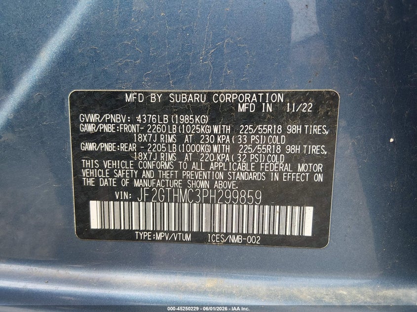 2023 Subaru Xv VIN JF2GTHMC3PH299859 IAAI salvage auction — FRONT END, Salvage Title, sold $3,650 on 2026-07-29 (photo 9)