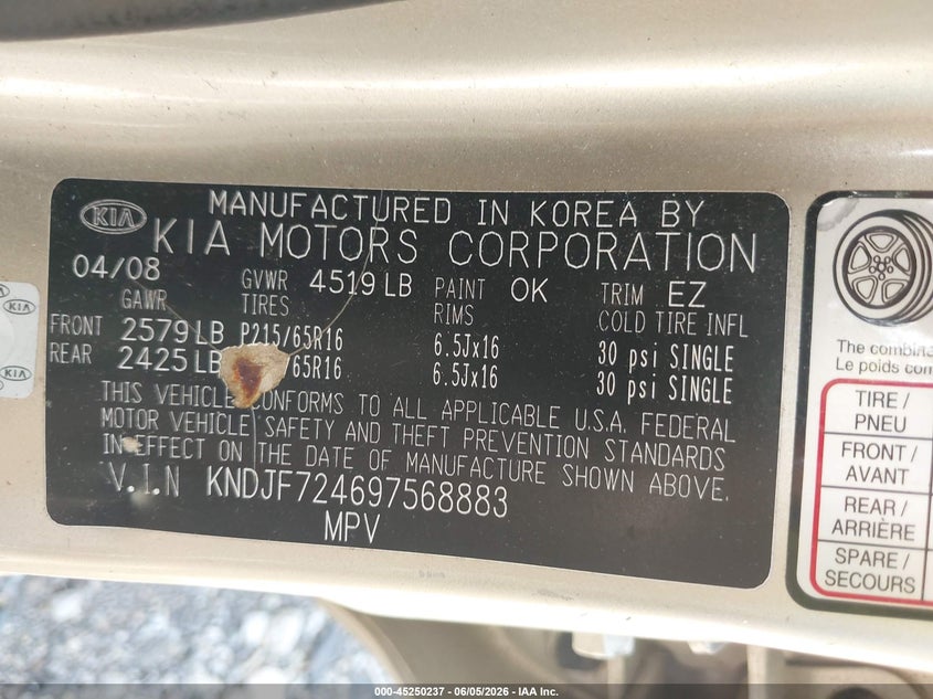 2009 Kia Sportage VIN KNDJF724697568883 IAAI salvage auction — LEFT FRONT, Clear (Indiana), sold $750 on 2026-07-08 (photo 9)