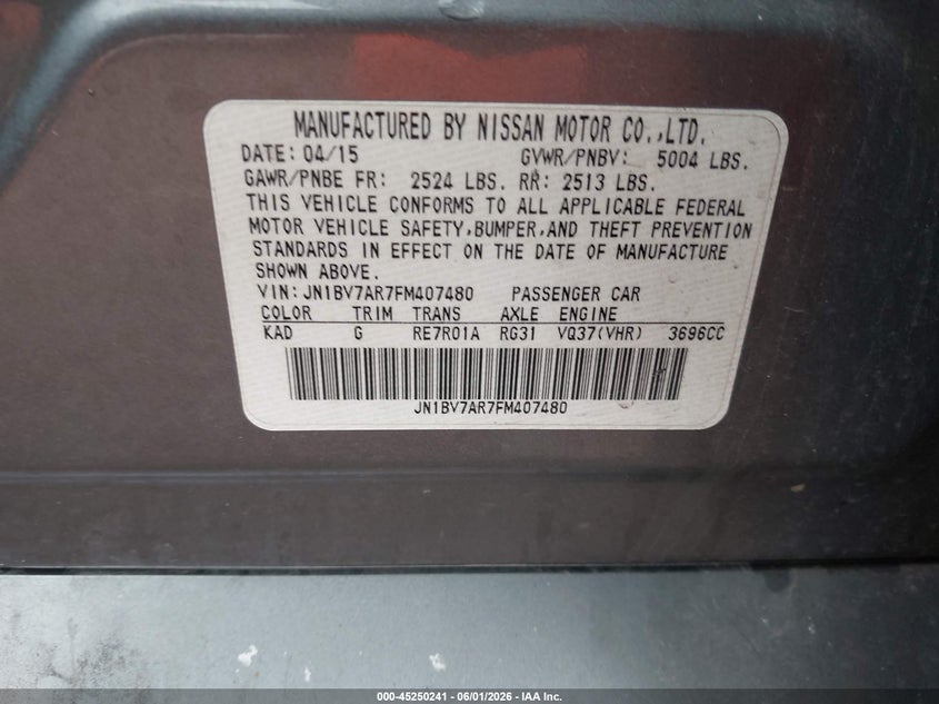 2015 Infiniti Q50 VIN JN1BV7AR7FM407480 IAAI salvage auction — FRONT END, Salvage Title, sold $850 on 2026-07-29 (photo 9)