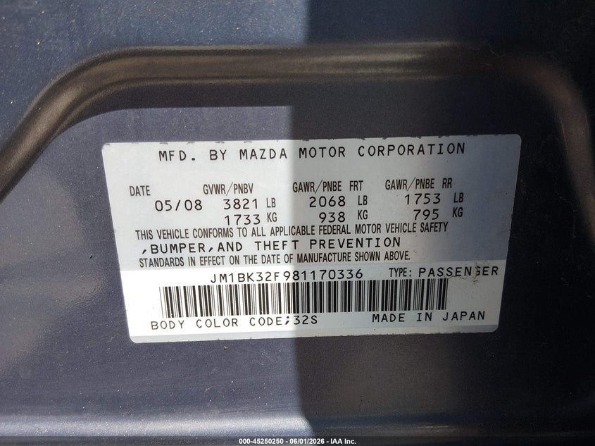 2008 Mazda 3 VIN JM1BK32F981170336 IAAI salvage auction — LEFT FRONT, Salvage (Missouri), sold $150 on 2026-07-14 (photo 9)