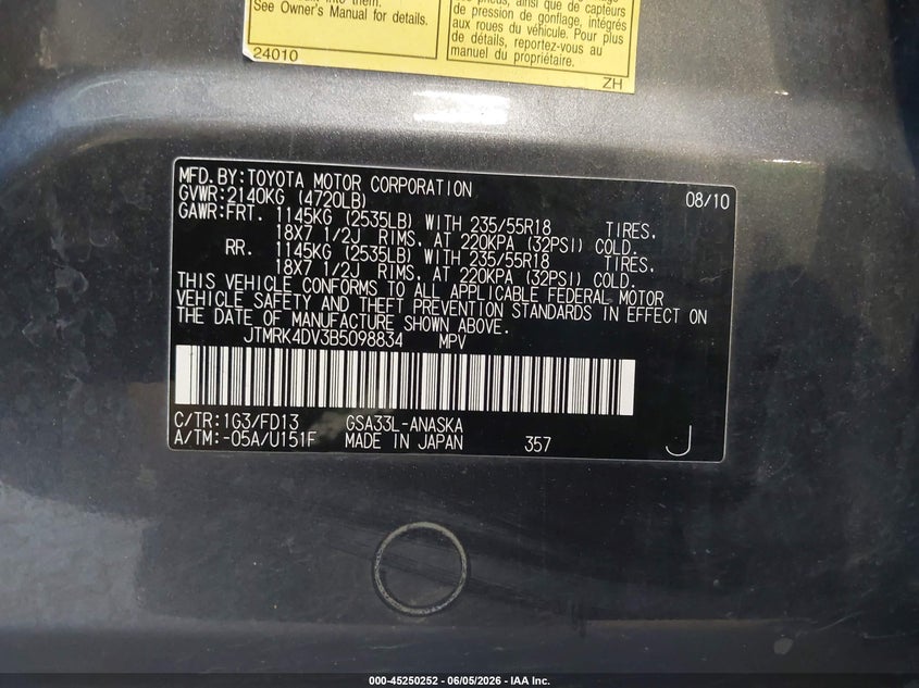 2011 Toyota Rav4 VIN JTMRK4DV3B5098834 IAAI salvage auction — UNKNOWN, Salvage (Utah), sold $2,150 on 2026-07-29 (photo 9)