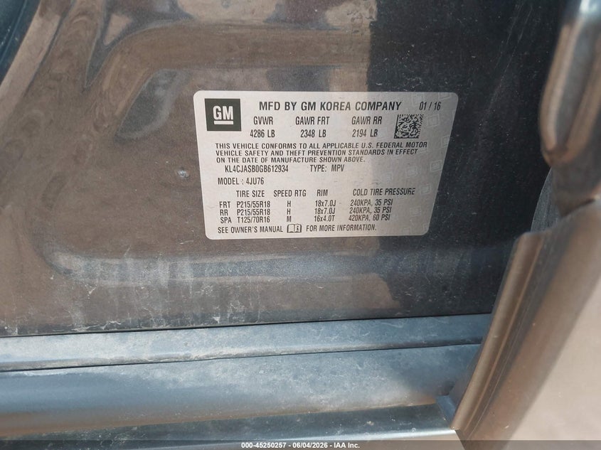 2016 Buick Encore VIN KL4CJASB0GB612934 IAAI salvage auction — HAIL, Clear (Missouri), sold $2,500 on 2026-07-13 (photo 9)
