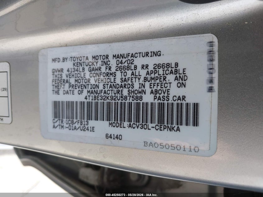 2002 Toyota Camry VIN 4T1BE32K92U587588 IAAI salvage auction — SIDE, Salvage (California), sold $1,300 on 2026-08-02 (photo 9)