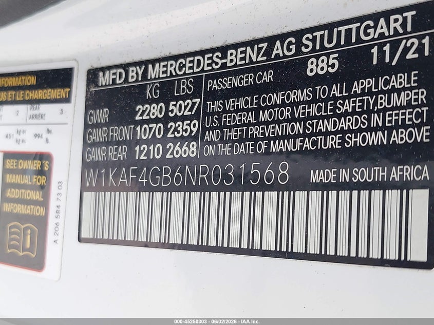 2022 Mercedes-benz C-klasse VIN W1KAF4GB6NR031568 IAAI salvage auction — UNKNOWN, Salvage Title, sold $13,000 on 2026-07-23 (photo 9)