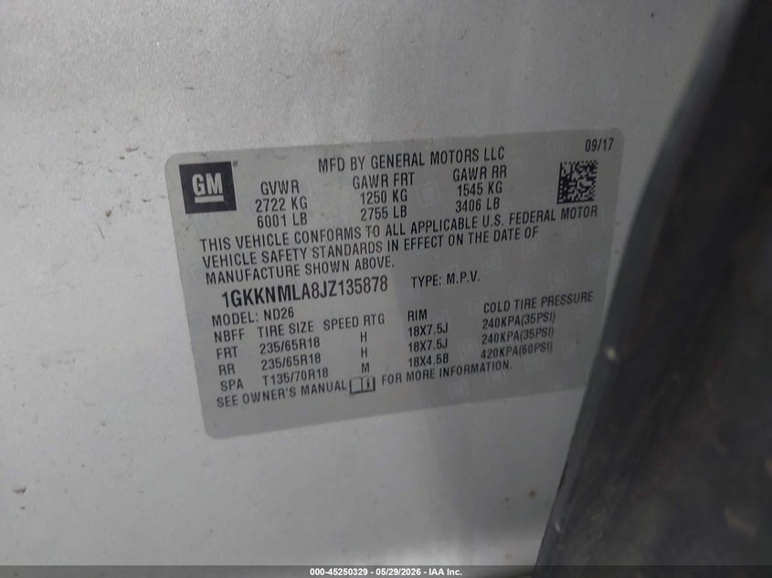 2018 Gmc Acadia VIN 1GKKNMLA8JZ135878 IAAI salvage auction — BIOHAZARD/CHEMICAL, Salvage Title, sold $1,400 on 2026-07-09 (photo 9)