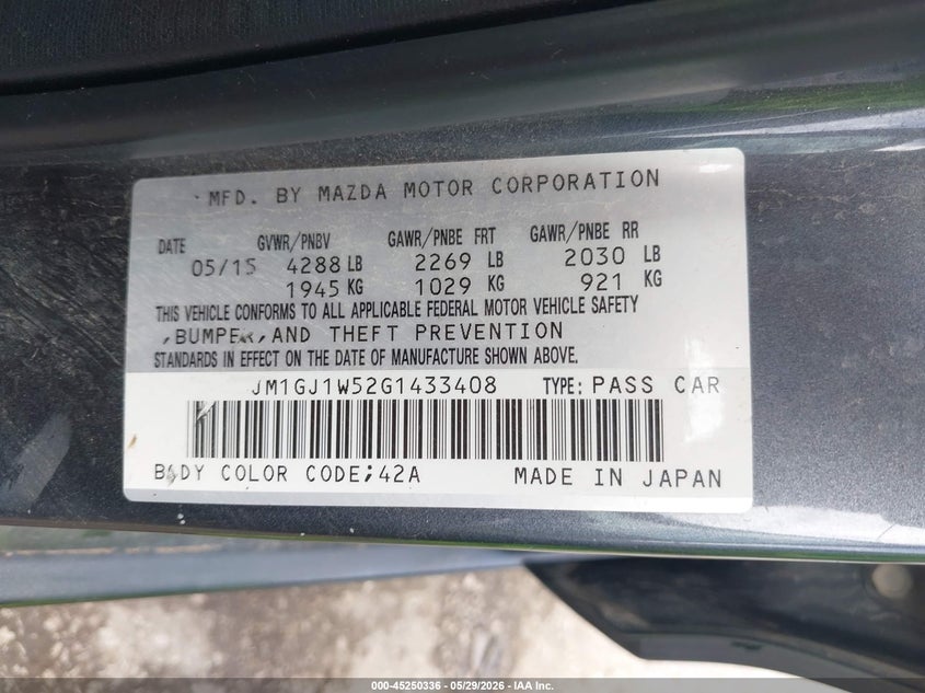 2016 Mazda 6 VIN JM1GJ1W52G1433408 IAAI salvage auction — HAIL, Salvage (Kansas), sold $2,150 on 2026-07-15 (photo 9)