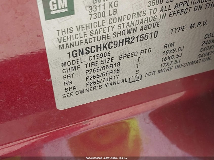 2017 Chevrolet Suburban VIN 1GNSCHKC9HR215610 IAAI salvage auction — FRONT END, Salvage Title, sold $4,400 on 2026-07-24 (photo 9)