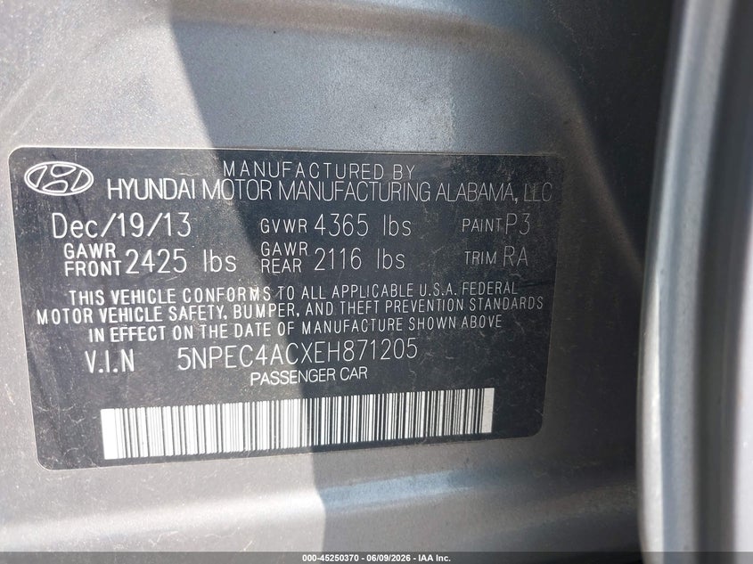 2014 Hyundai Sonata VIN 5NPEC4ACXEH871205 IAAI salvage auction — SIDE, Salvage Title, sold $425 on 2026-07-21 (photo 9)