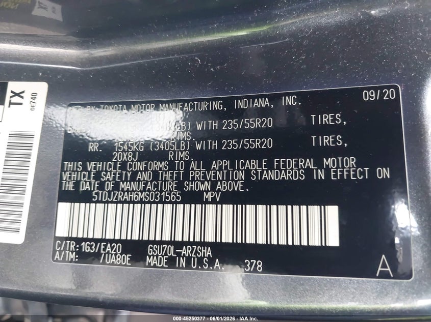 2021 Toyota Highlander VIN 5TDJZRAH6MS031565 IAAI salvage auction — FRONT END, Salvage Title, sold $10,600 on 2026-07-29 (photo 9)
