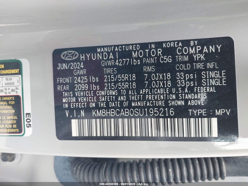 2025 Hyundai Kona VIN KM8HBCAB0SU195216 IAAI salvage auction — FRONT END, Salvage Title, sold $6,000 on 2026-07-09 (photo 9)