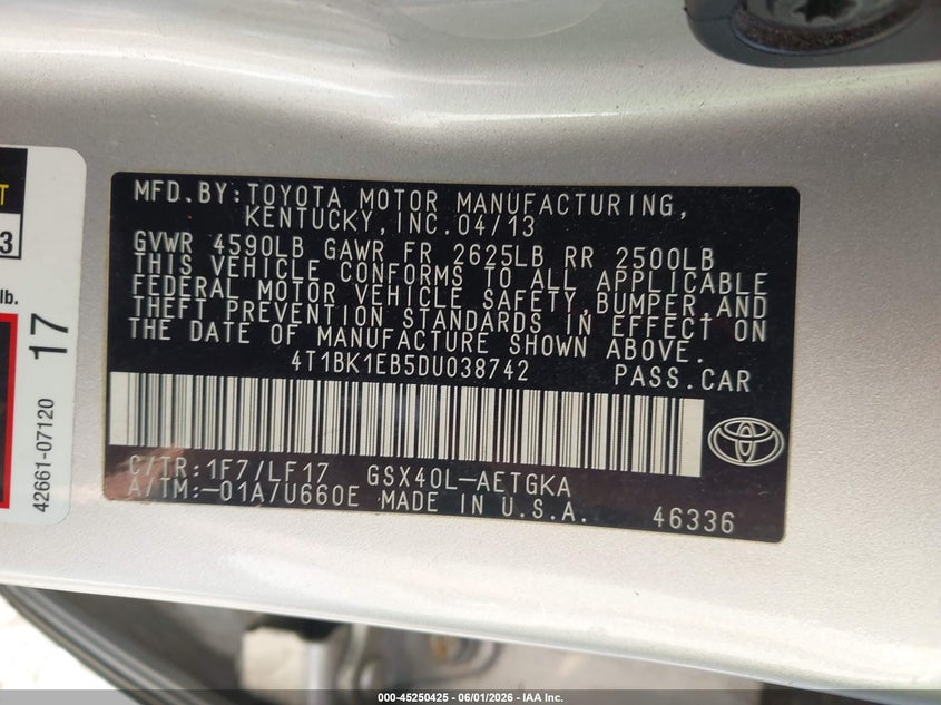 2013 Toyota Avalon VIN 4T1BK1EB5DU038742 IAAI salvage auction — REAR END, Salvage (North Carolina), sold $2,550 on 2026-08-06 (photo 9)