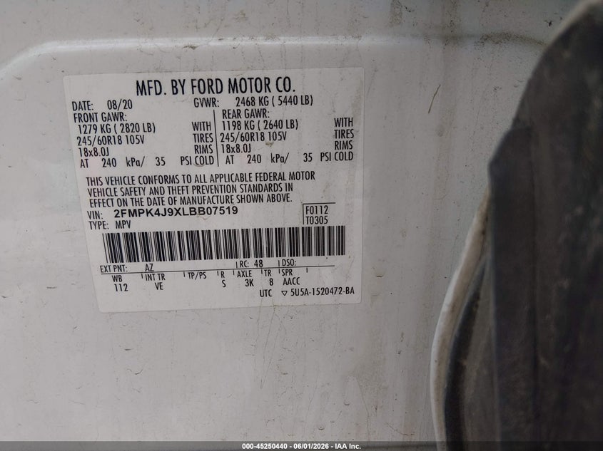 2020 Ford Edge VIN 2FMPK4J9XLBB07519 IAAI salvage auction — FRONT END, Salvage Title, sold $2,900 on 2026-08-19 (photo 9)
